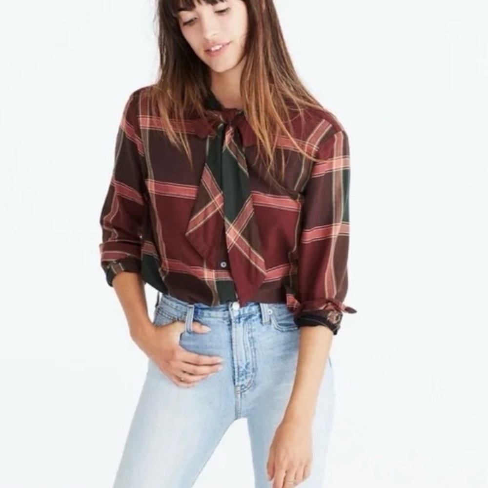 Madewell Plaid Tie-Neck Shirt Brown/Plum Cranberry - M
